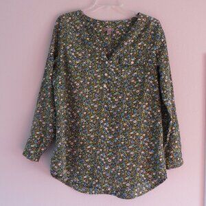 J.jill Womens Blouse Size S Green/Blue Floral 100% Cotton V-neck Long Sleeves